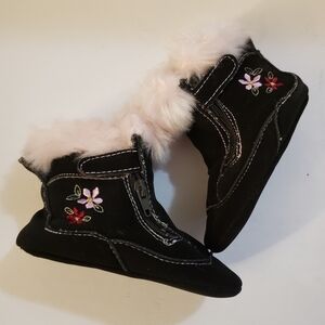 Infant Faux Suede Booties Black Pink Slip On NWOT